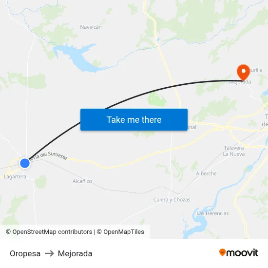 Oropesa to Mejorada map