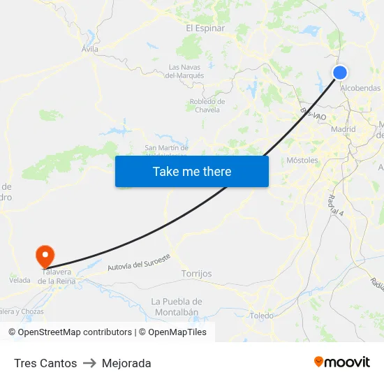 Tres Cantos to Mejorada map