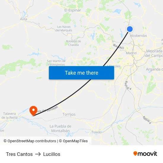 Tres Cantos to Lucillos map