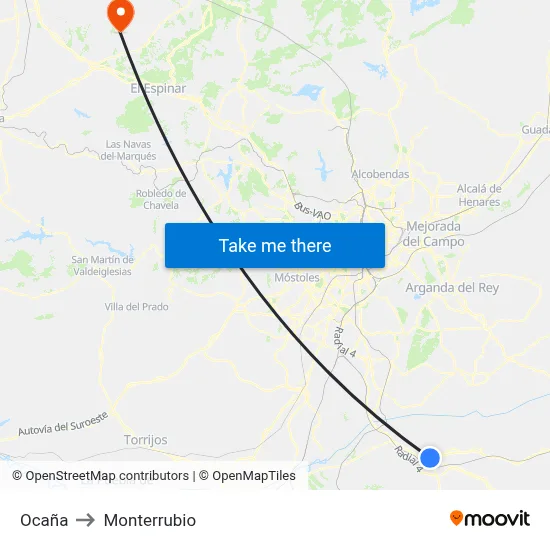 Ocaña to Monterrubio map