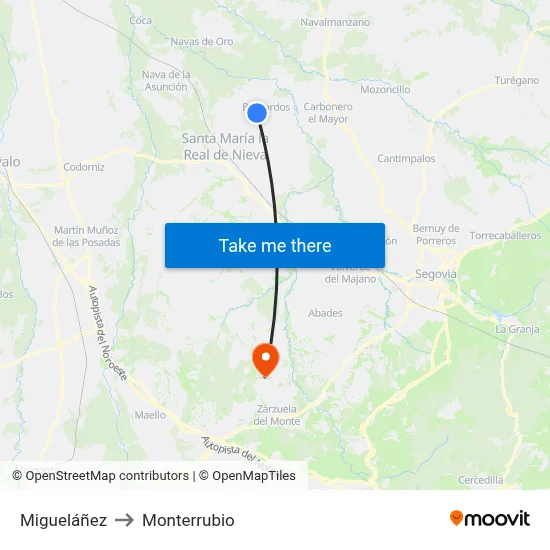 Migueláñez to Monterrubio map