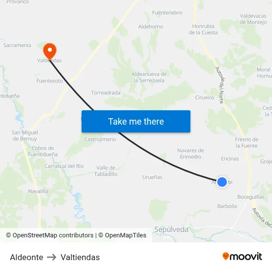 Aldeonte to Valtiendas map