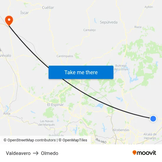 Valdeavero to Olmedo map