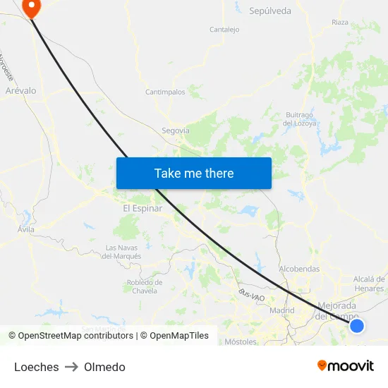 Loeches to Olmedo map