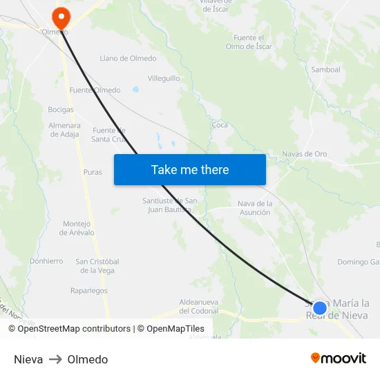 Nieva to Olmedo map