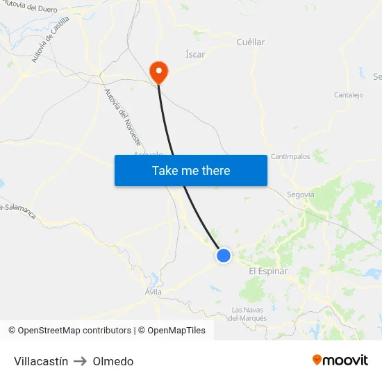 Villacastín to Olmedo map