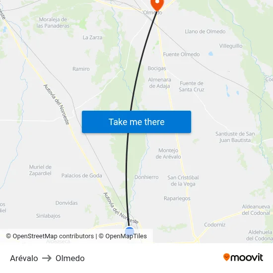 Arévalo to Olmedo map