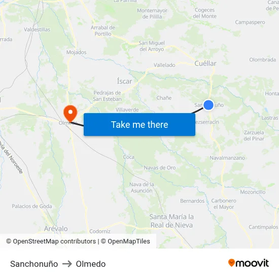 Sanchonuño to Olmedo map