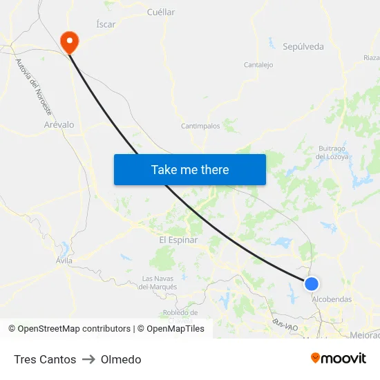 Tres Cantos to Olmedo map
