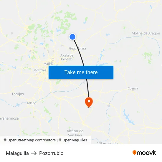 Malaguilla to Pozorrubio map