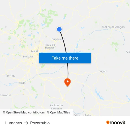 Humanes to Pozorrubio map