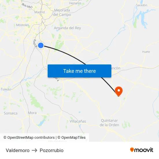 Valdemoro to Pozorrubio map