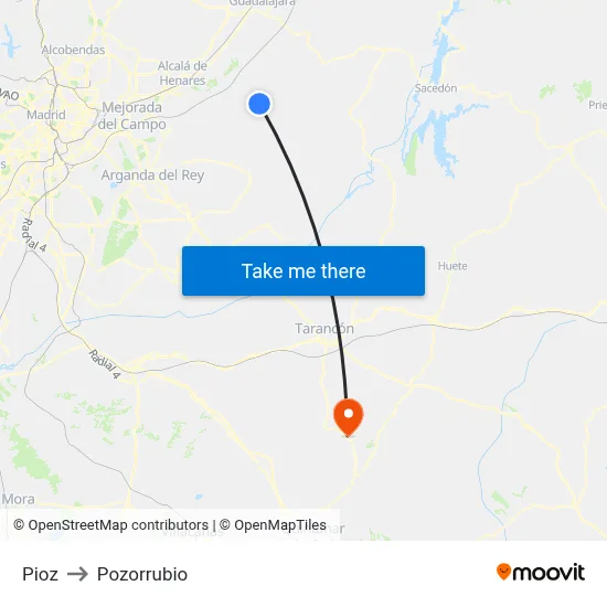 Pioz to Pozorrubio map