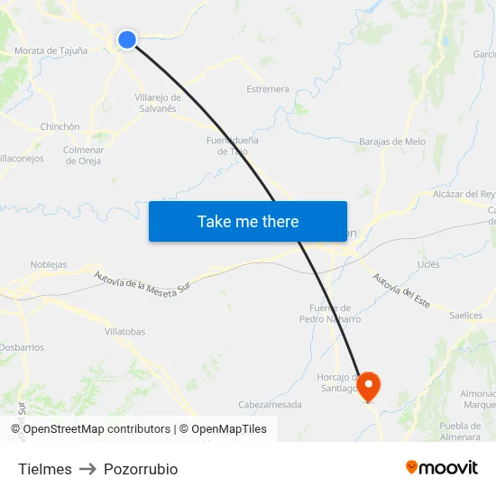 Tielmes to Pozorrubio map