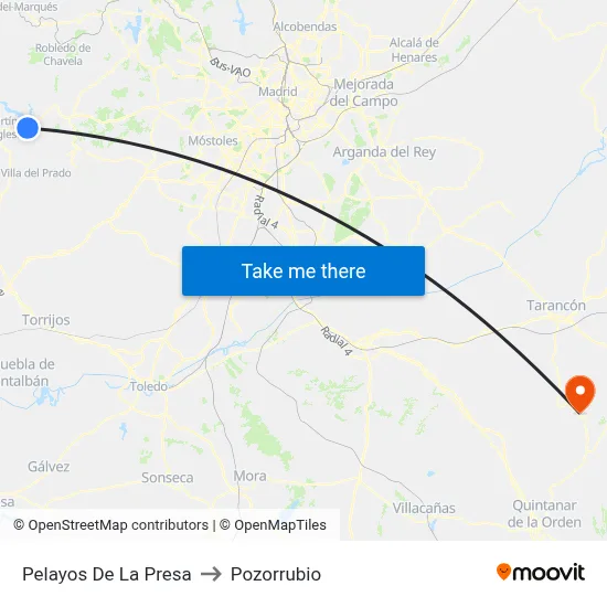 Pelayos De La Presa to Pozorrubio map