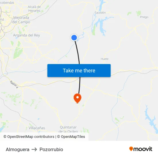 Almoguera to Pozorrubio map