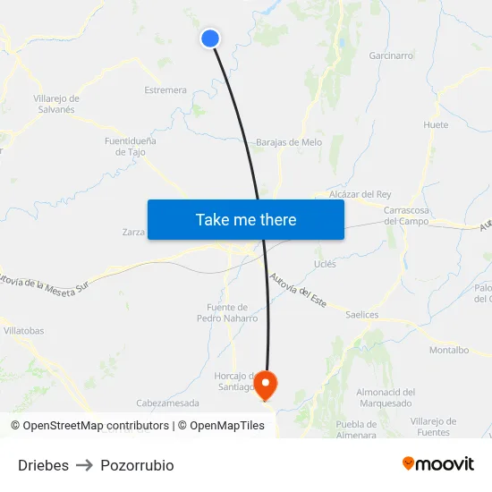 Driebes to Pozorrubio map
