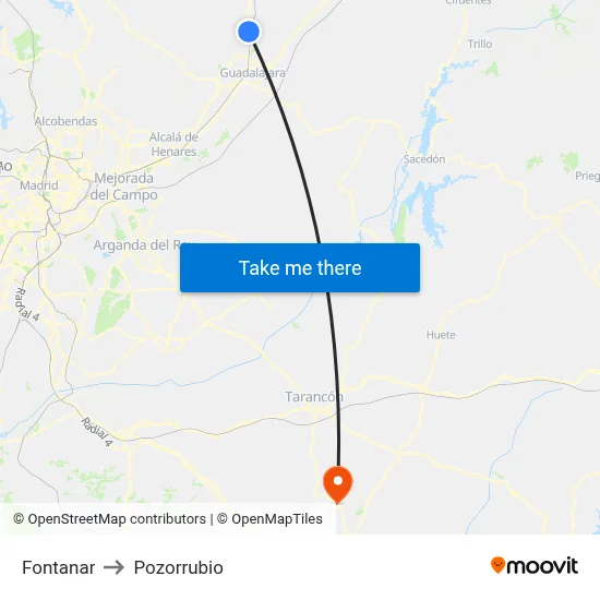 Fontanar to Pozorrubio map