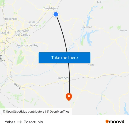 Yebes to Pozorrubio map