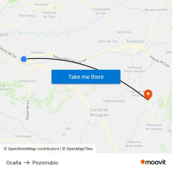 Ocaña to Pozorrubio map