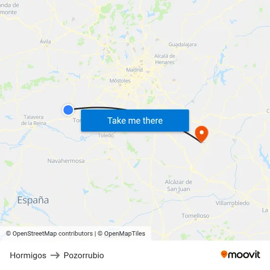 Hormigos to Pozorrubio map