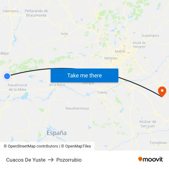 Cuacos De Yuste to Pozorrubio map