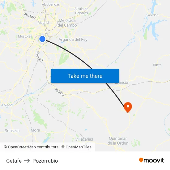 Getafe to Pozorrubio map