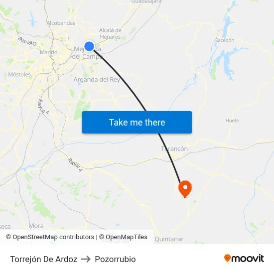 Torrejón De Ardoz to Pozorrubio map