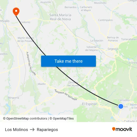 Los Molinos to Rapariegos map