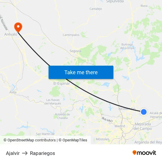 Ajalvir to Rapariegos map