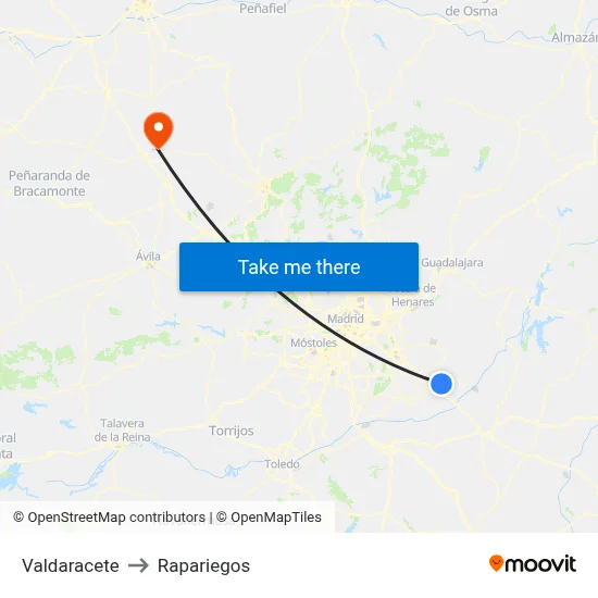Valdaracete to Rapariegos map