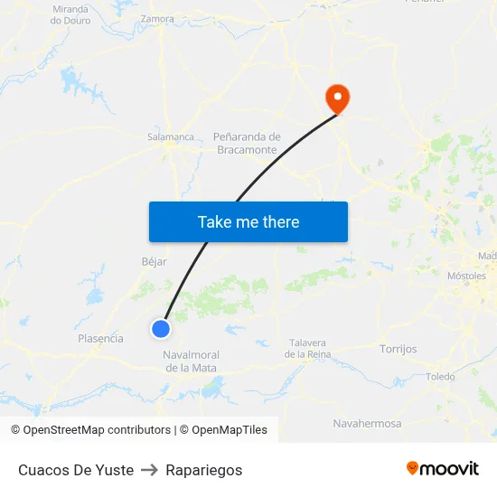 Cuacos De Yuste to Rapariegos map