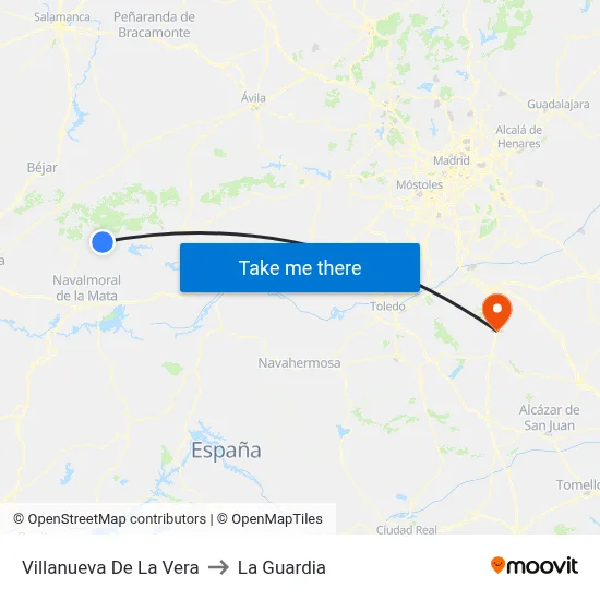 Villanueva De La Vera to La Guardia map