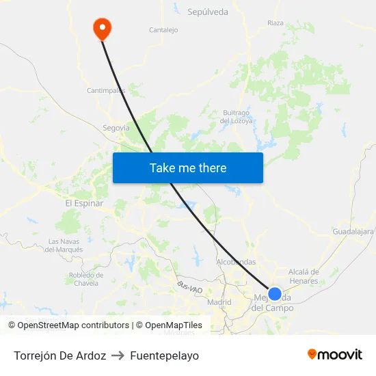 Torrejón De Ardoz to Fuentepelayo map