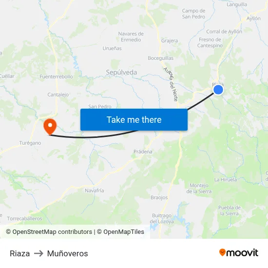 Riaza to Muñoveros map