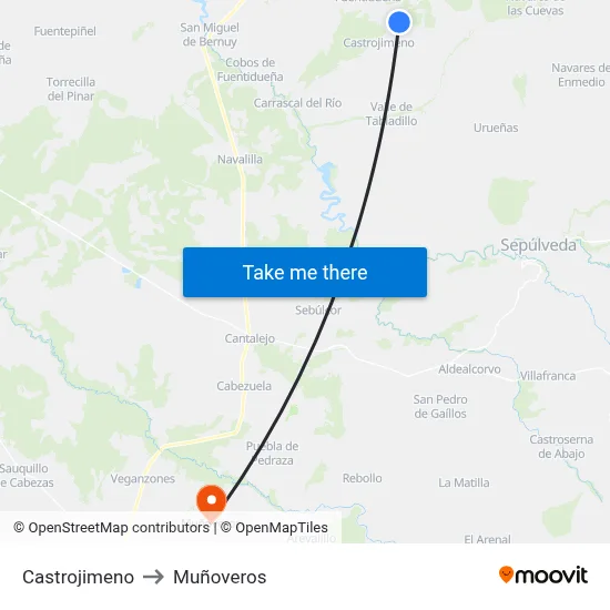Castrojimeno to Muñoveros map
