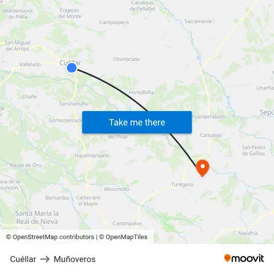 Cuéllar to Muñoveros map