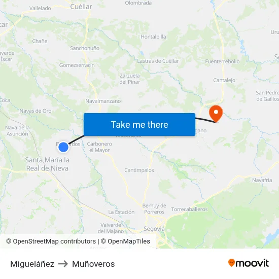 Migueláñez to Muñoveros map