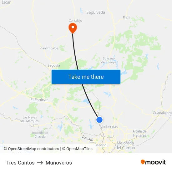 Tres Cantos to Muñoveros map