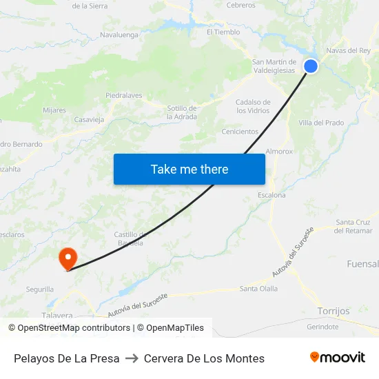 Pelayos De La Presa to Cervera De Los Montes map