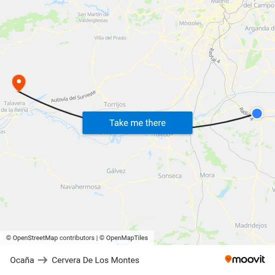 Ocaña to Cervera De Los Montes map
