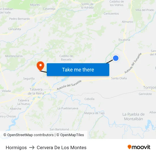 Hormigos to Cervera De Los Montes map