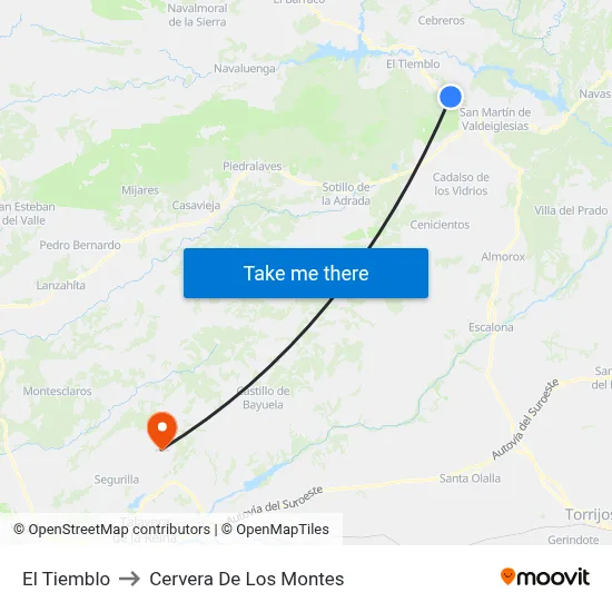 El Tiemblo to Cervera De Los Montes map