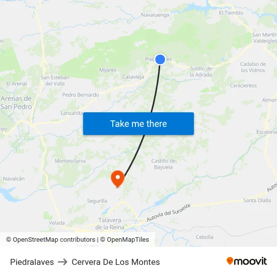 Piedralaves to Cervera De Los Montes map
