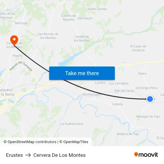 Erustes to Cervera De Los Montes map