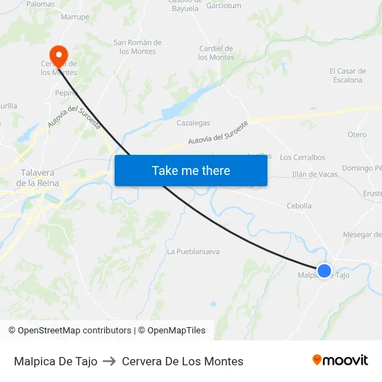 Malpica De Tajo to Cervera De Los Montes map