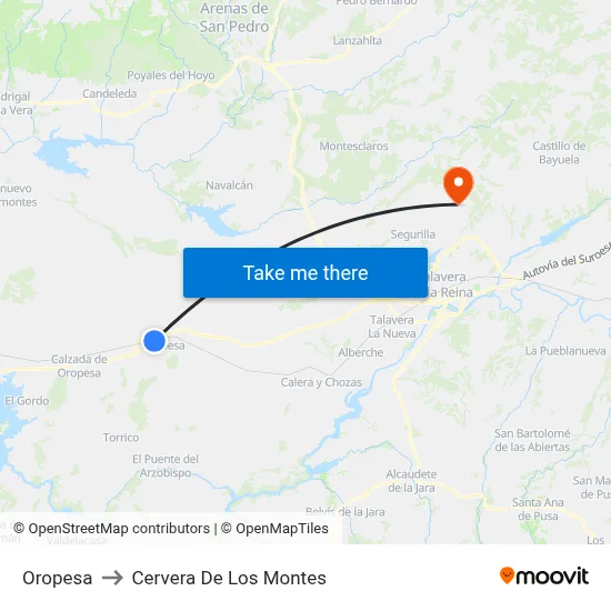 Oropesa to Cervera De Los Montes map