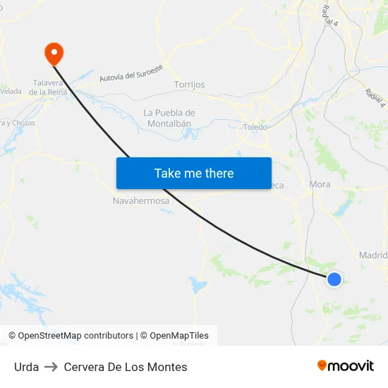 Urda to Cervera De Los Montes map