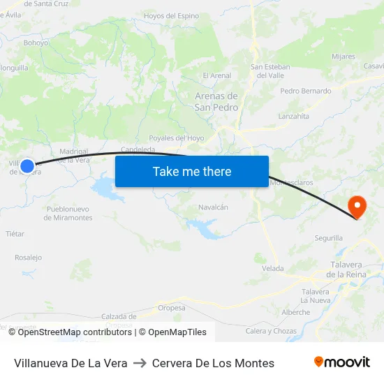 Villanueva De La Vera to Cervera De Los Montes map