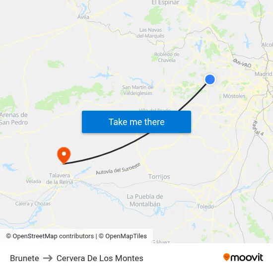 Brunete to Cervera De Los Montes map